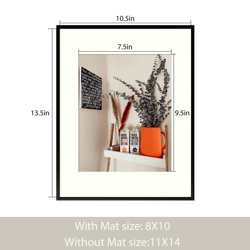 Grattan 11x14 Aluminum Picture Frame Black, Displays 8x10 Photo With Mat, Metal Frame for Wall Mount