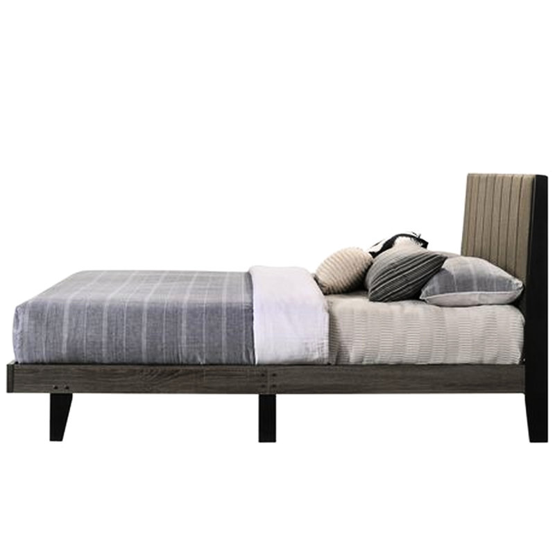 Grand lit au fini gris patiné et tissu brun, tissu d'ameublement en tissu d'ameublement, structure à profil bas, 12 lattes avec 4 pieds de soutien, aucun sommier nécessaire, matelas de 8 po adapté, placage de bois aggloméré