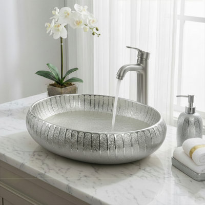 Lavabo de salle de bain vasque argenté de luxe 23 "x 15" - Lavabo de comptoir élégant, bol ovale en céramique moderne