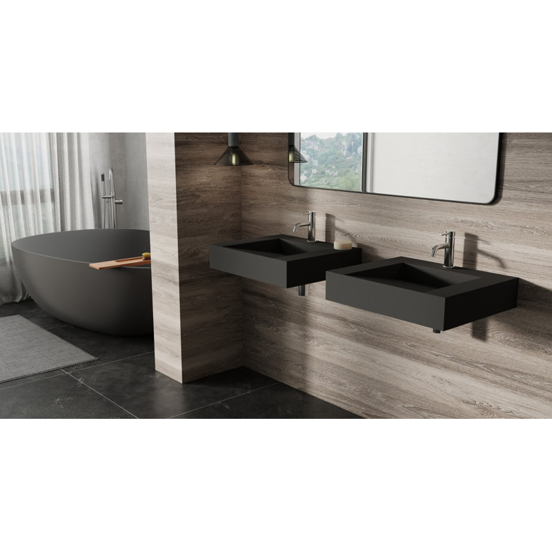 Badeloft 23.6" x 19.6" Stone Resin Wall Mounted Bathroom Sink WT-04-E-MBLK in Matte Black