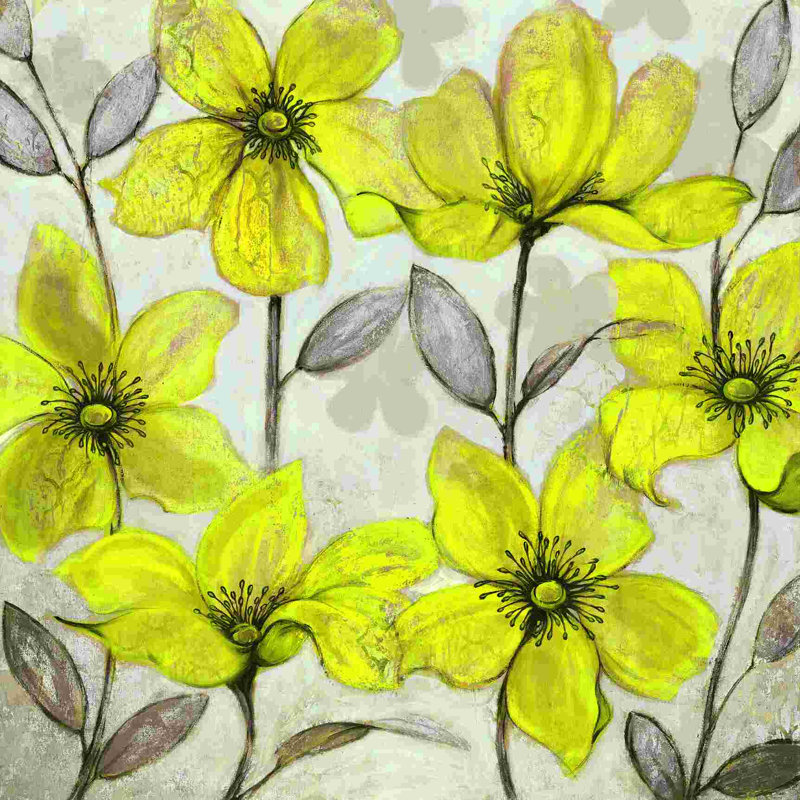 Fleurs jaunes et grises, H 12 po x l 12 po