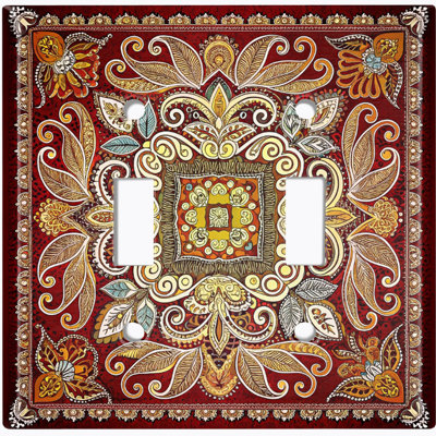 Metal Light Switch Plate Cover; US Standard Size 2 Gang Toggle - Printed Image of Floral Mandala Rug Pattern