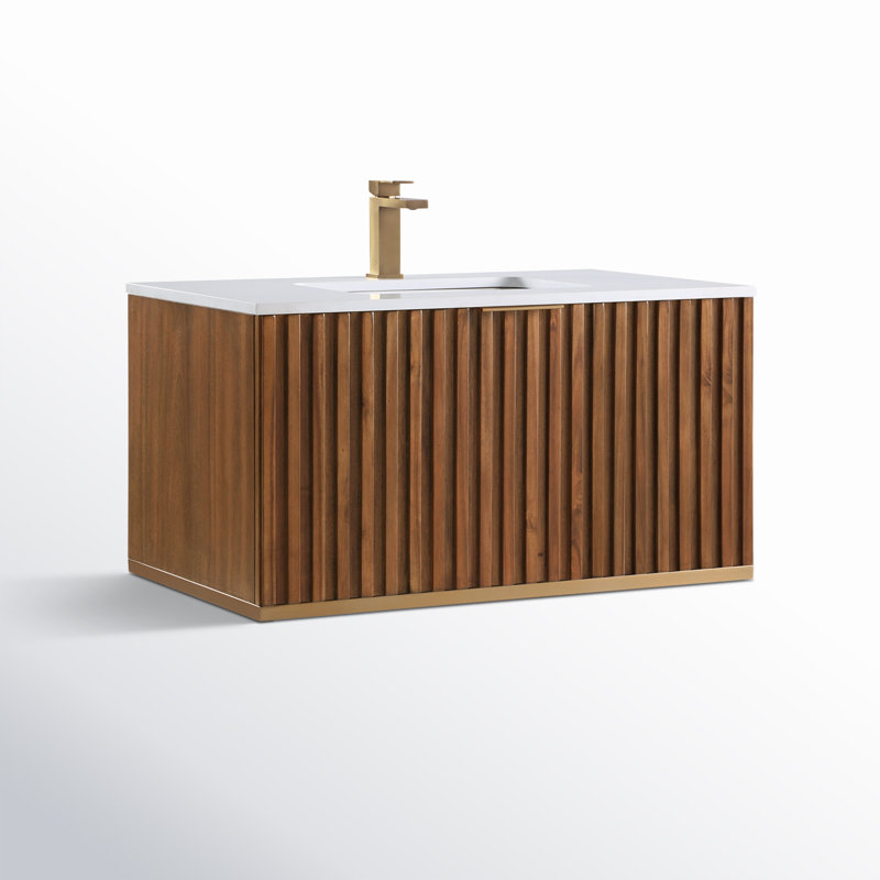 Terra 36'' Single Bathroom Vanity with Top, Walnut, White Granite, Satin Brass