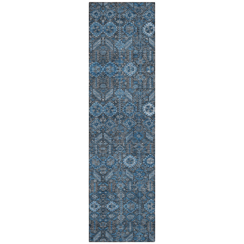 8' Runner Blue and Black Floral Washable Non Skid Indoor Outdoor Runner Rug