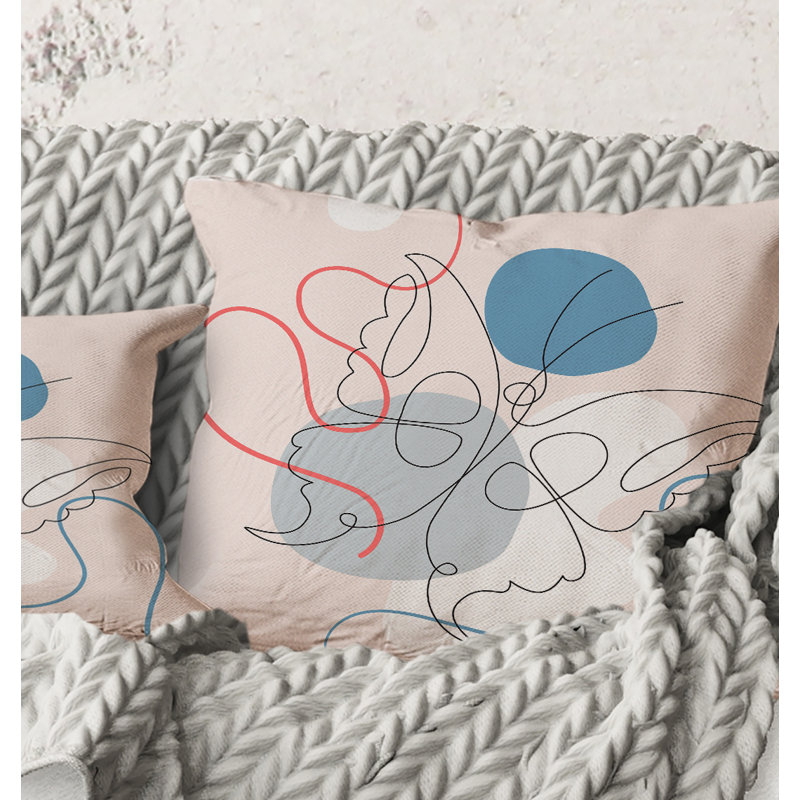 Carré, papillon, dessin d'une ligne sur cubisme I - coussin décoratif moderne, 16" x 16"