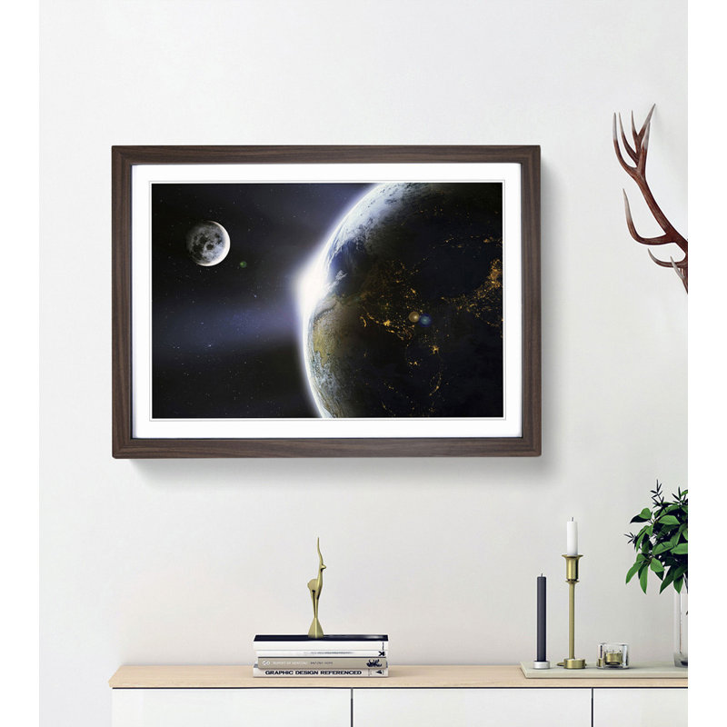 The Moon and Planet Earth - Picture Frame Photograph Print, 27cm H x 36cm W x 2cm D, Walnut Framed