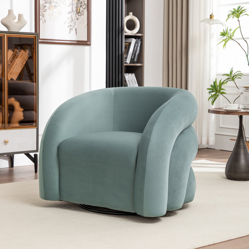 Fauteuil demi-tonneau pivotant rembourré Coyle, Velours bleu, 1
