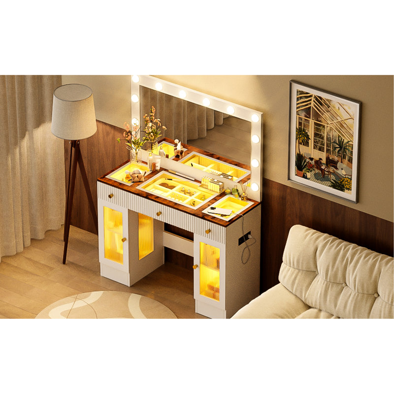 Meuble-lavabo 43,3 po avec plateau en verre trempé et ampoules, grandes tiroirs de table de maquillage
