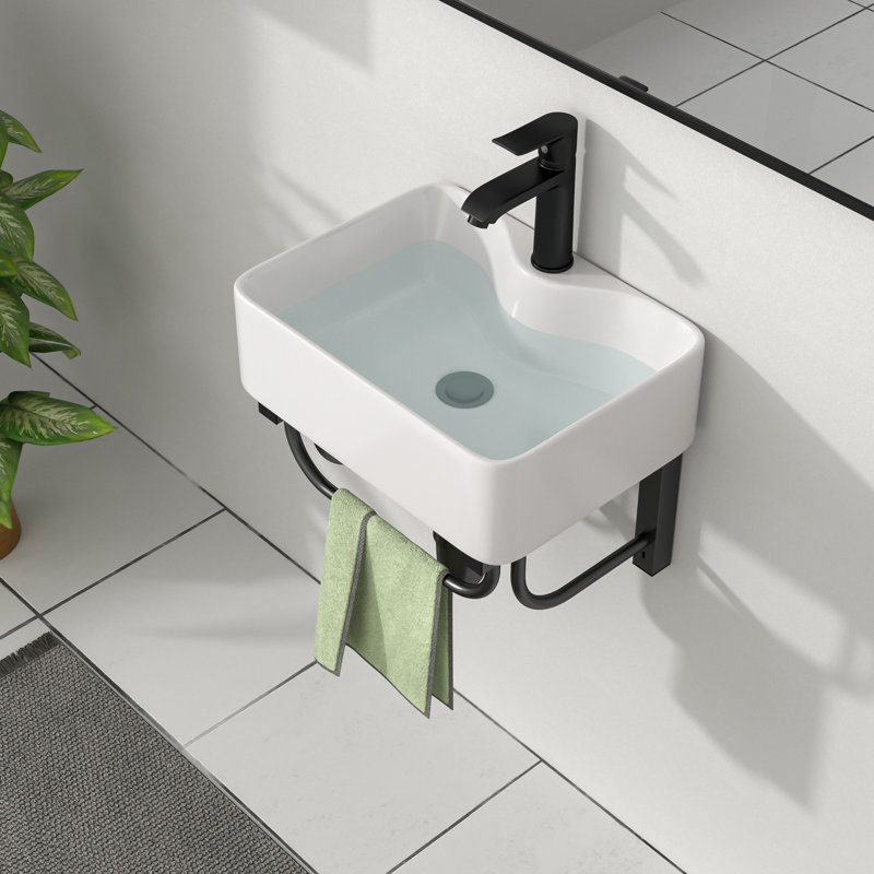 GhomeG 16" x 12" White Ceramic Wall-Mount Bathroom Sink with Steel Base
