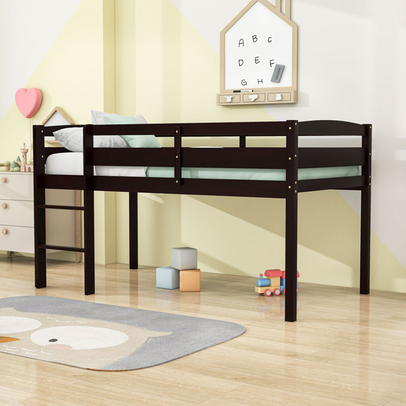 Twin Wooden Low Loft Bed With Ladder And Saftey Guardrails, Espresso