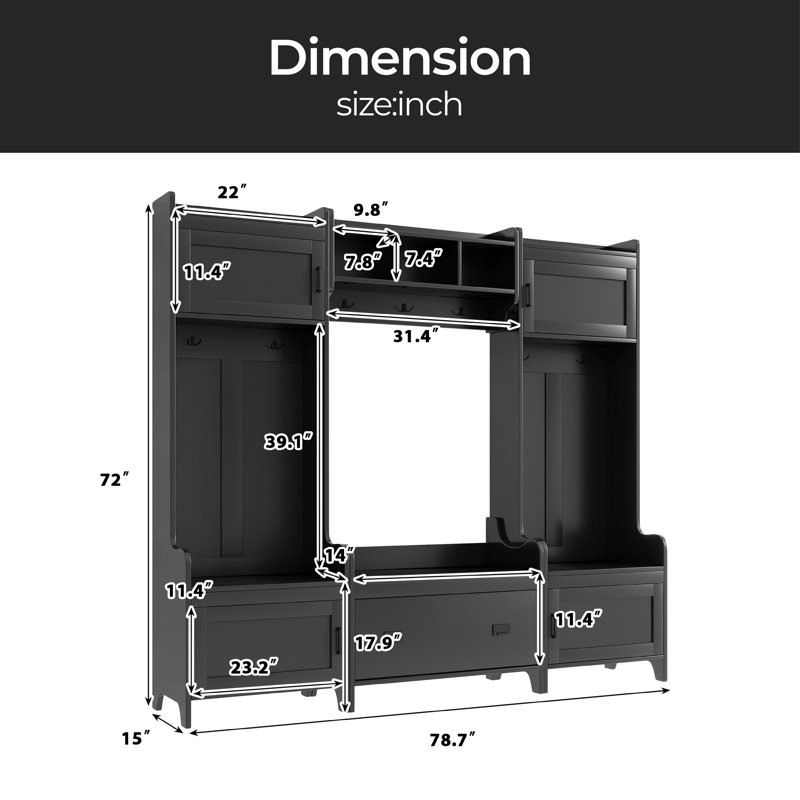 Nanami 78.7 " Wide Hall Tree with Drawers and Shoe Storage, Black