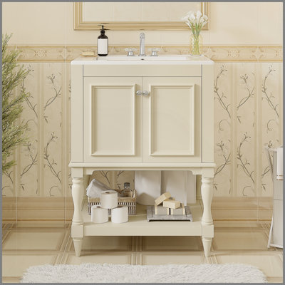 24 inch Modern Luxury Bathroom Vanity with Ceramic Sink, Bathroom Cabinet with Open Shelf and Closed Storage