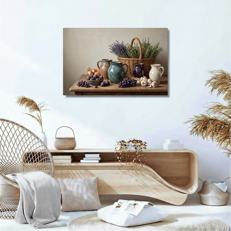 Tableau sur toile représentant des fruits et légumes frais et des pichets en céramique sur une table en bois, 12"H x 18"W