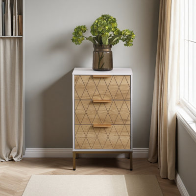 Nightstand With 3 Drawers, Mid-Century Modern End Table,Gold Metalfeet, Gold Metal Handles , Drawer Panels Are Shaped By Cutting Lines