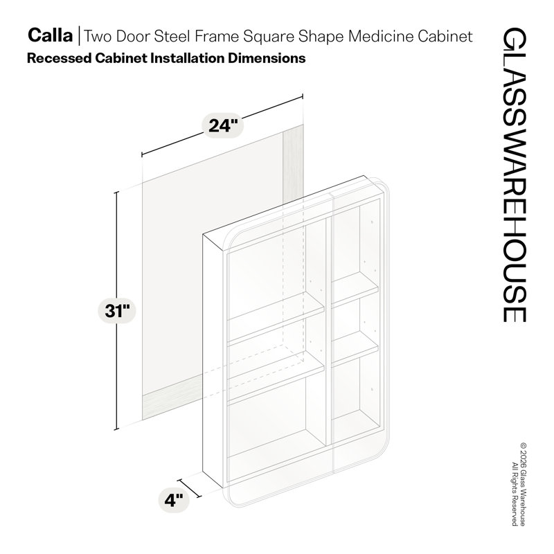 Recessed Frameless Dual Door Medicine Cabinet with Adjustable Shelves, White