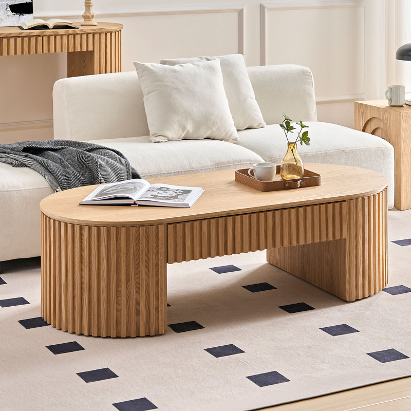Table basse ovale de style Mid-Century moderne avec tiroir de rangement, élégant design en bois noir