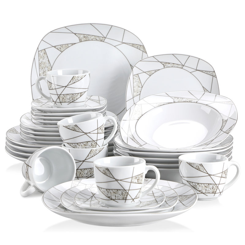 Ensemble de vaisselle 30 pièces en céramique grise et blanche avec décalcomanies en céramique, style moderne, idéal pour les réunions de famille, les fêtes et les cadeaux. Sert 6 personnes
