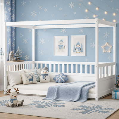 Cadre de lit à baldaquin pour enfants avec garde-corps, conception à quatre affiches, idéal pour créer un espace de sommeil magique et sécuritaire pour les enfants
