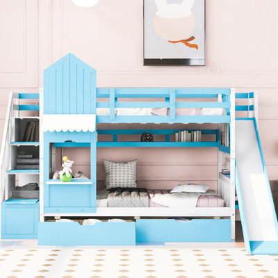 Lit superposé Twintwin avec glissade, 2 tiroirs et 3 tablettes en bleu. Fabrication en bois robuste pour les personnes de plus de 6 ans. L 106,3 po x l 76,6 po H 72,8 po Capacité de poids de 250 lb par lit. Aucun sommier tapissier requis - bleu