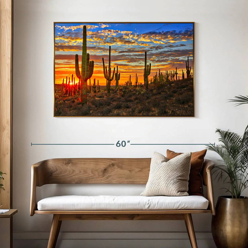 Cactus coucher de soleil, 46 po x 31 po, Cadre flottant doré