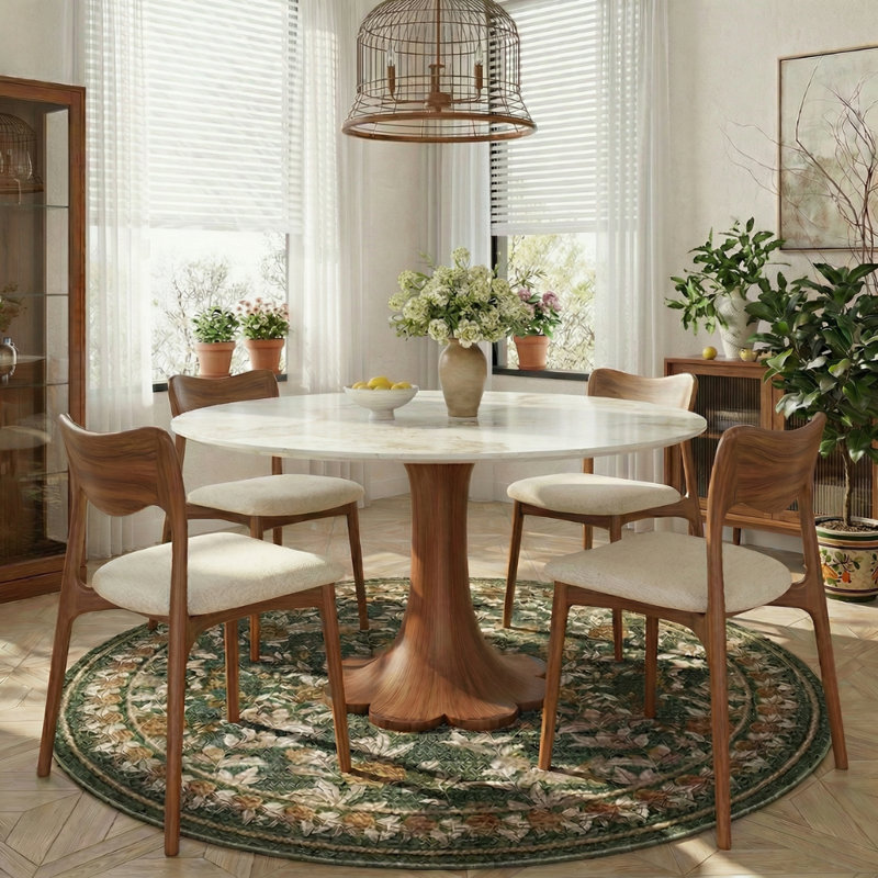 Round Stone Danner Solid Wood Pedestal Floral Shape Kitchen Dinner Table For 4/6/8, Coloré
