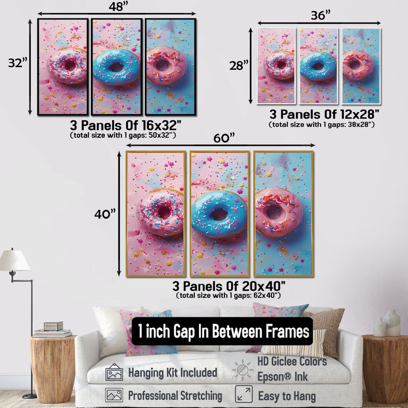 Ensemble de décorations murales délicieuses roses et bleues «Sparkle Donuts I», H 28 po x l 36 po x P 1 po