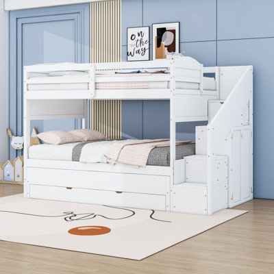 3 Drawers Twin XL Over Twin XL Bunk Bed with Twin Trundle, Storage Staircase, Wardrobe and Guardrails
