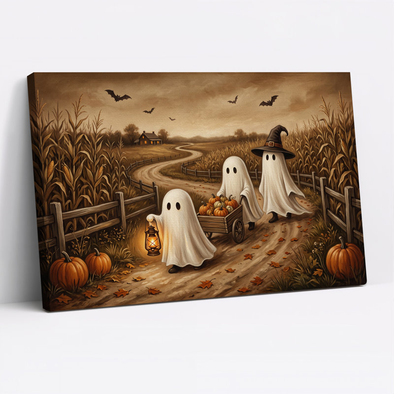 " Ghosts Pushing Pumpkin Wagon Through Autumn Halloween " Painting, 24"H x 36"W