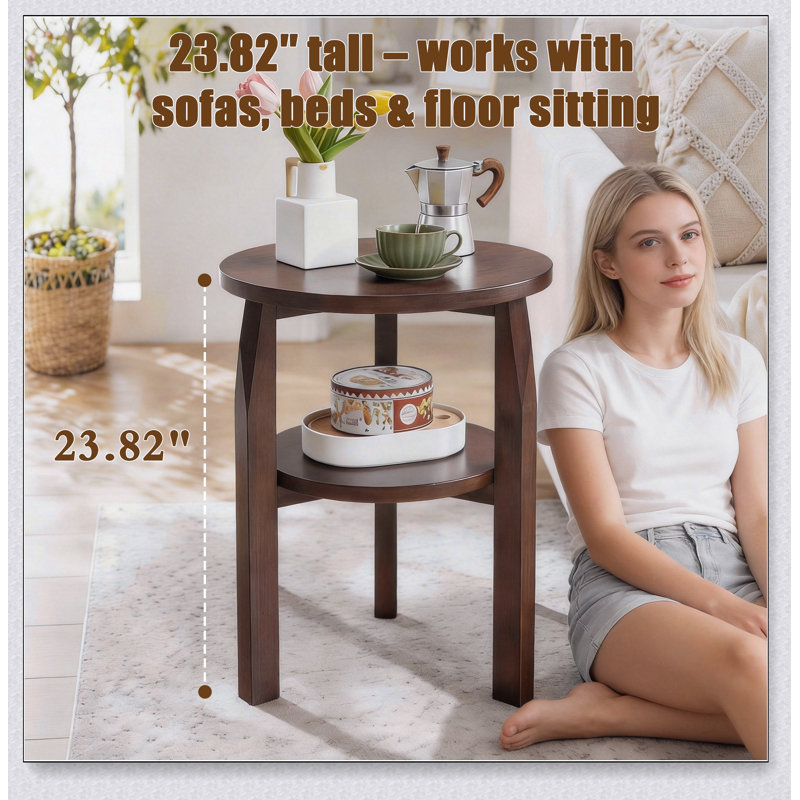 Table de bout ronde en bois d'hévéa massif, table d'appoint à 2 niveaux avec tablette de rangement, parfaite pour le salon et la chambre à coucher