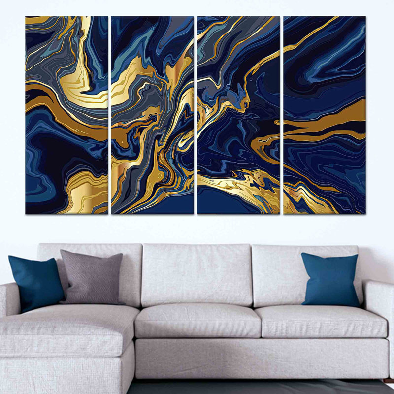 Art sur toile marbré bleu marine et doré: impression de décor abstrait moderne, toile tendue 4P, 31,5 po H x 63 po l