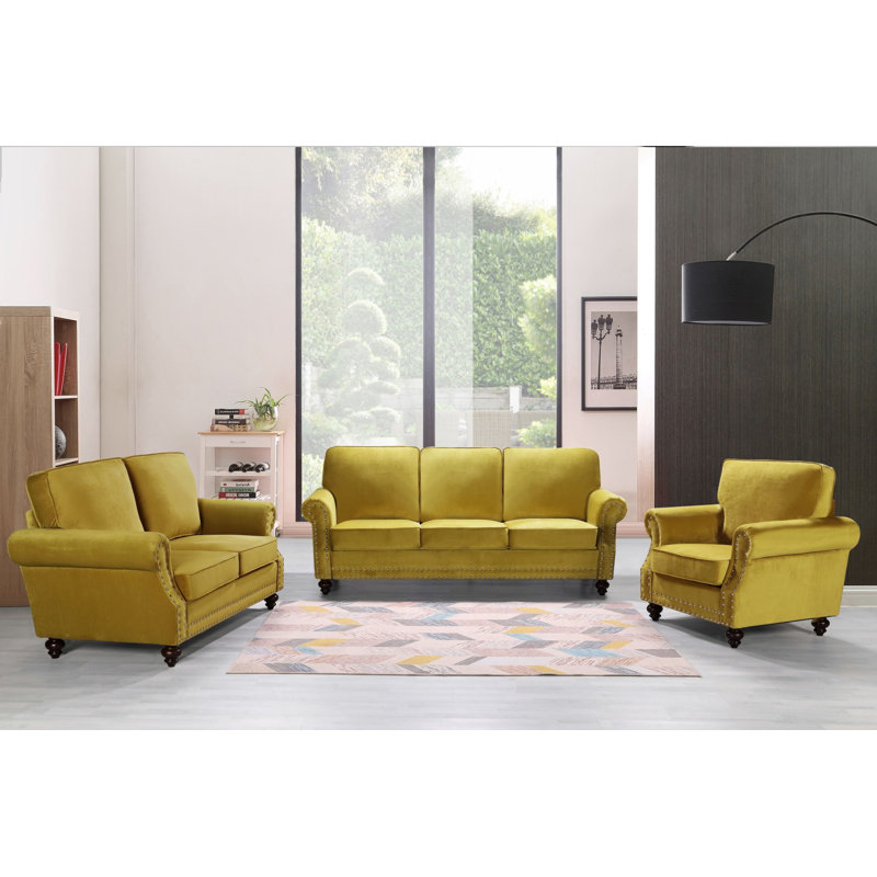 Mitja 3 - Piece Velvet Living Room Set, Jaune Stong