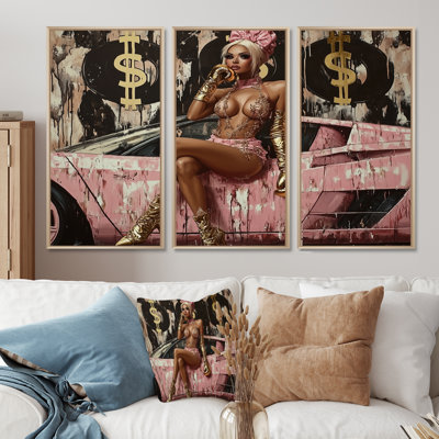 «Blonde Babe On Exotic Pink Sports Car - Fashion Girl Power», ensemble d'art mural