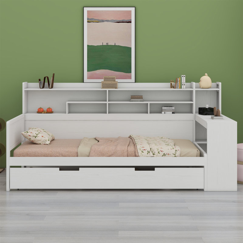 Wooden Daybed With Storage Shelves, Multi-Functional Bed With Trundle Bed And Study Desk, Antique White