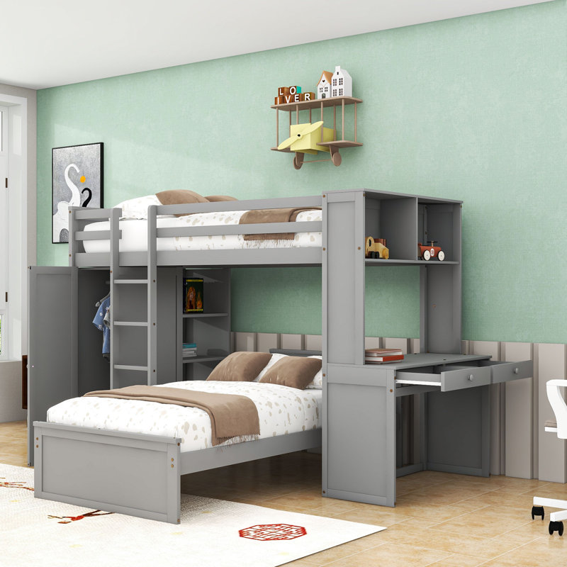 Lit superposé en bois avec bureau, tablettes et garde-robe, Lit superposé simple sur simple, Gris
