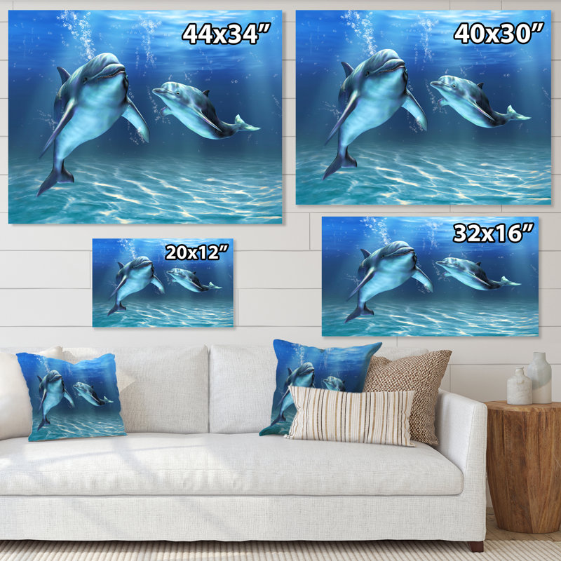 Deux dauphins bleus - Impression sur toile, Toile tendue, H 24 po x l 32 po