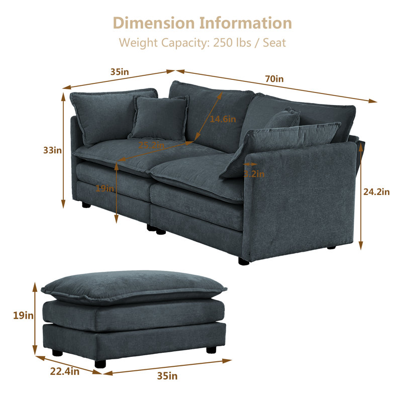 Chenille Cloud Sofa ，Loveseat Sofa Couch for Living Room , Gray Chenille