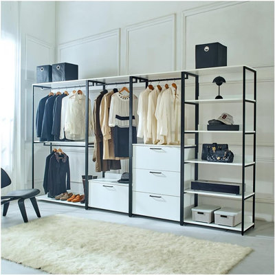 White Freestanding Walk in Wood Closet System with Metal Frame and Tower Units