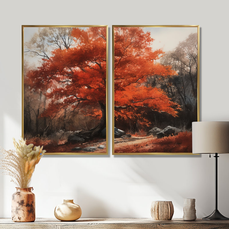 Feuillage d'automne dans les bois III - impressions d'art sur toile rouges sur 2 panneaux, 36'' H x 48'' W, Gold