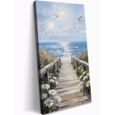 Art mural sur toile Serene Beach pour le salon, art mural côtier, peinture à vue verticale sur la mer, grande plage côtière, reproduction d'art sur toile prête à être accrochée avec un crochet 28 po x 58 po