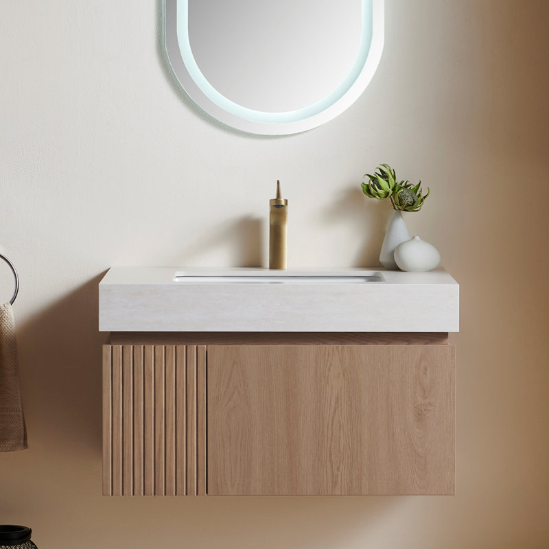 Meuble-lavabo mural de 30 po avec dessus en pierre frittée et lavabo encastré en céramique Muri, Marron clair, 30", Beige