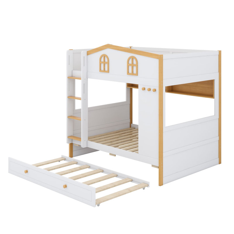 Lit superposé en forme de maison ludique avec tablettes intégrées et lit gigogne escamotable
