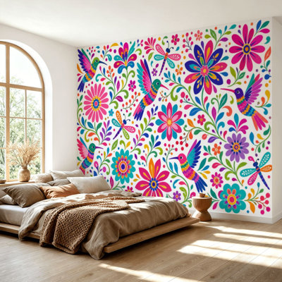 Wall Mural Peel and Stick Wallpaper Ornate ethnic Mexican embroidery Otomi Seamless birds flowers white Self-Adhesive Removable Contact Paper Wall Decor for Living Room Bedroom 69"H x 96"W