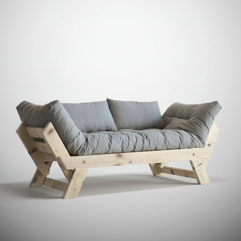 Convertible Pine Wood 2-Seat Outdoor Sofa With Waterproof Linen Cushions, Natural, Gray