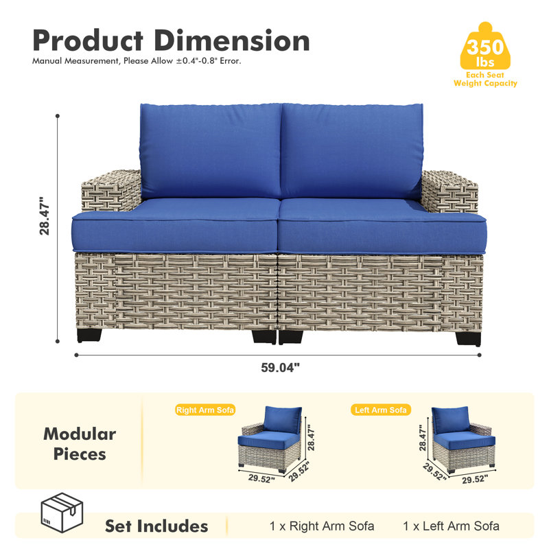 59" Wide Outdoor Wicker Loveseat With Cushions, Modular Patio Sofa Seat With Left And Right Arm Sofa, Navy