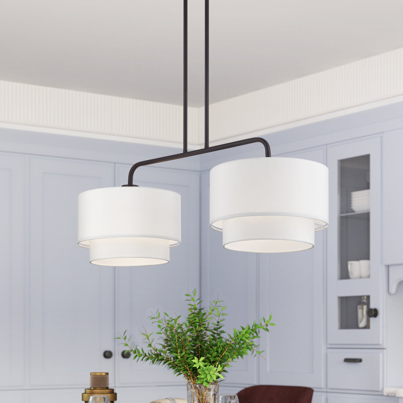 2 Light Soft Gold Large Linear Chandelier With Hand Crafted Off-White Color Fabric Hardback Shades, Bronze
