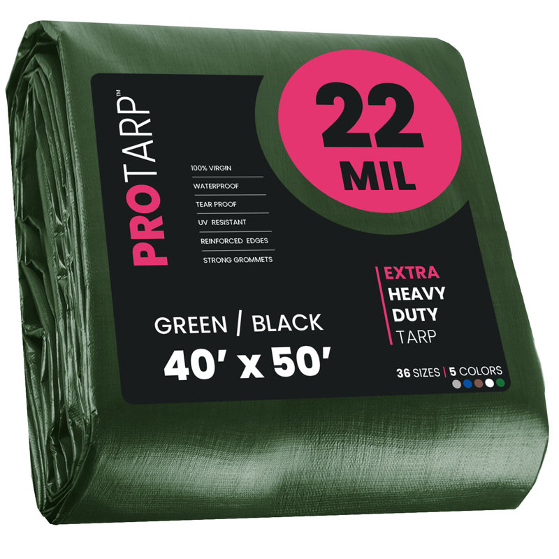 Bâche en polyéthylène robuste de 22 mil, imperméable et résistante aux rayons UV, Vert/noir, 9 pi x 12 pi