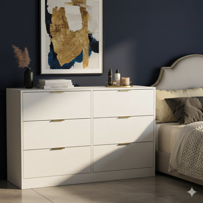 Commode élégante à six tiroirs, commode pour chambre à coucher, salon, couloir et entrée - grande armoire de rangement blanche.