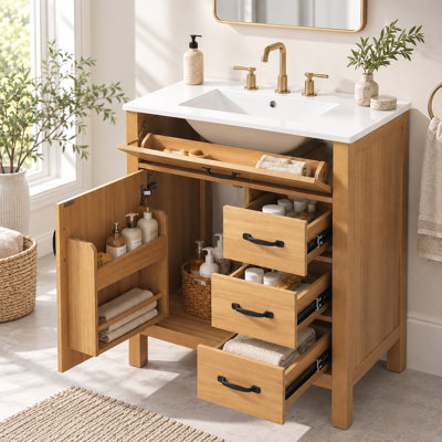 Meuble-lavabo de salle de bain de 30,3 pouces avec lavabo en céramique et charnières à fermeture en douceur