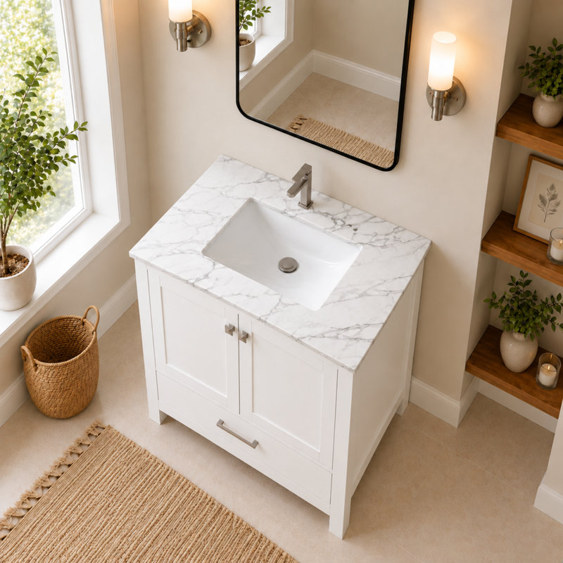 Ensemble de meuble-lavabo autoportant 30 po Anvay en blanc mat avec plateau en marbre de Carrare, Marbre de Carrare blanc