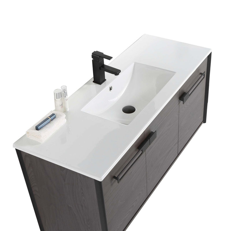48'' Single Bathroom Vanity with Vitreous China Top, Black Coal Oak, Matte Black